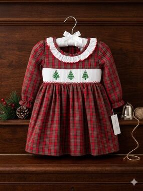 NWT Edgehill Collection Baby Girl Smocked Christmas Tree Plaid Dress 3M